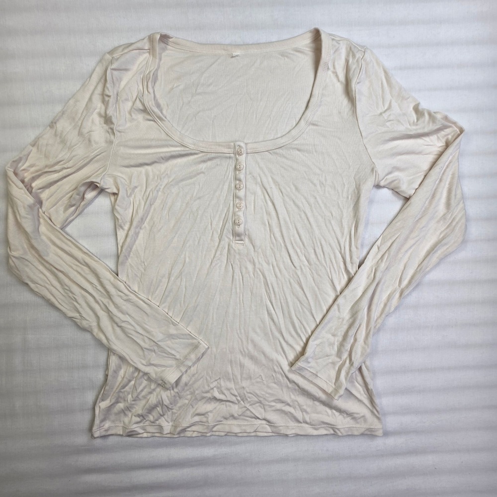 Halara Womens Long Sleeve Henley Scoop Neck Ribbed Top Cream Off White Size M